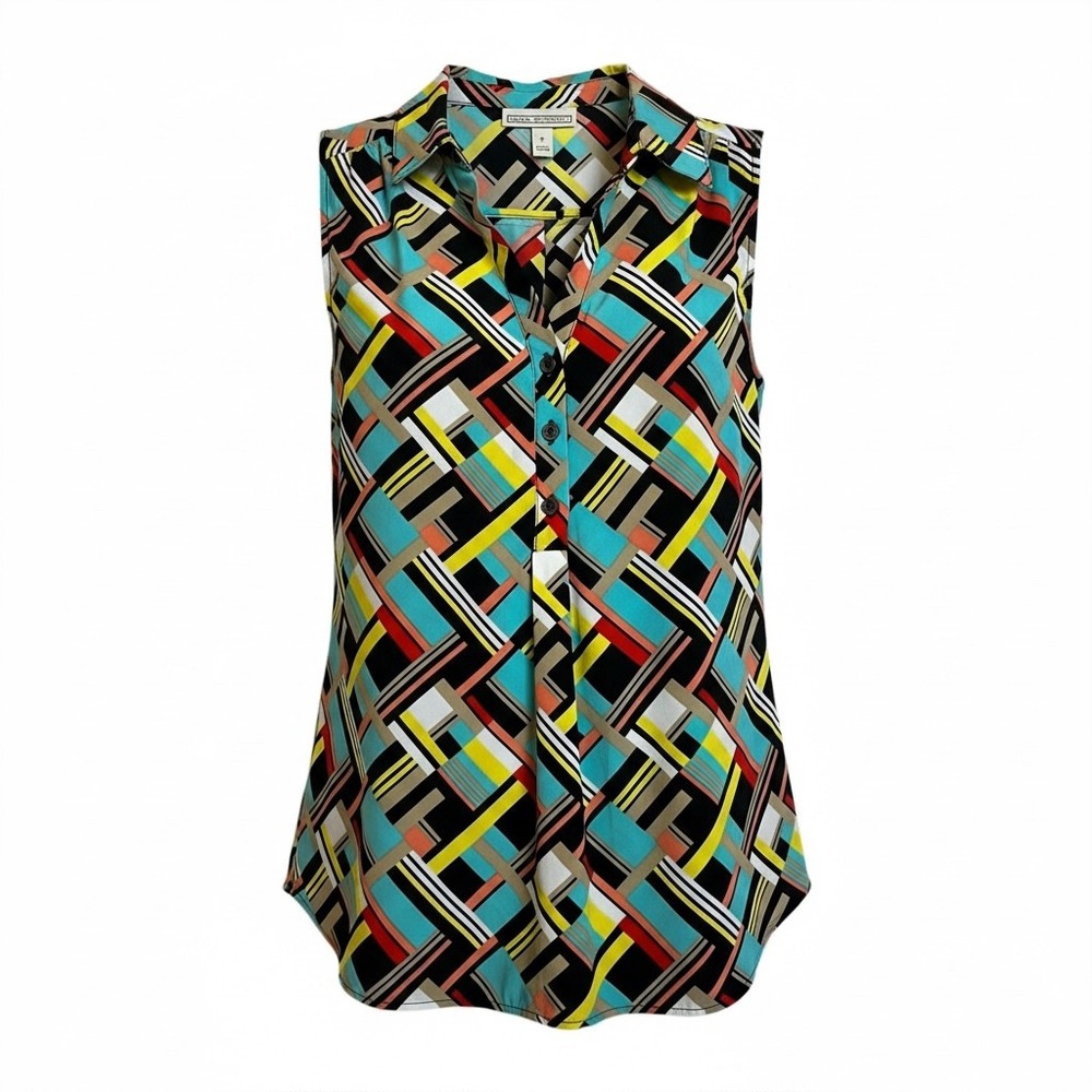 Dana Buchman Sleeveless Geometric Collared Button Down Shirt S Retro